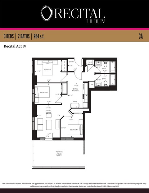 Floor plan for 3 beds, 2 baths, 961 sqft
